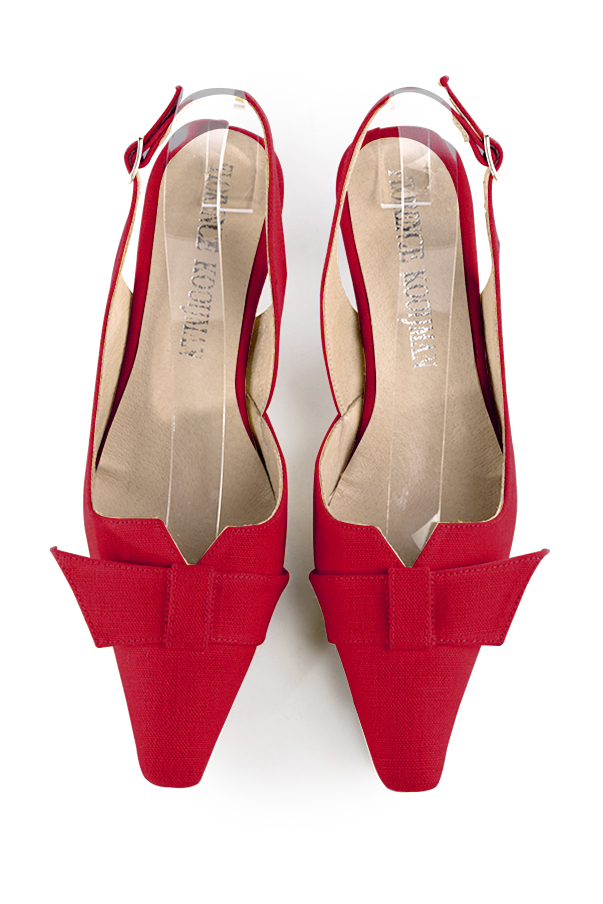 Cardinal red women's open back shoes, with a knot. Tapered toe. Medium spool heels. Top view - Florence KOOIJMAN